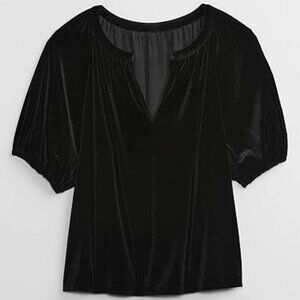GAP Stretch Velvet Women's Splitneck Puff Sleeve Blouse Size Medium Black